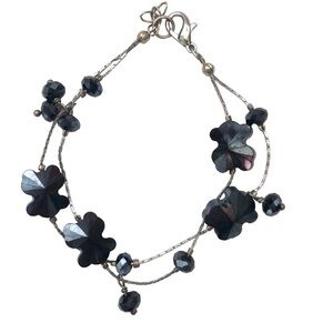 Artisan Teddy Bear Black Iridescent Crystals Double Strand Silver Tone Bracelet